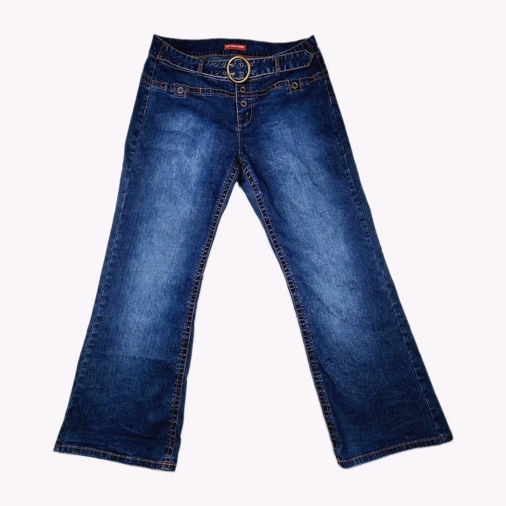 U.S.Polo Assn. Dark Wash Distressed Jeans Wide-Leg  Womens 16 Belt Snap Fly Y2K